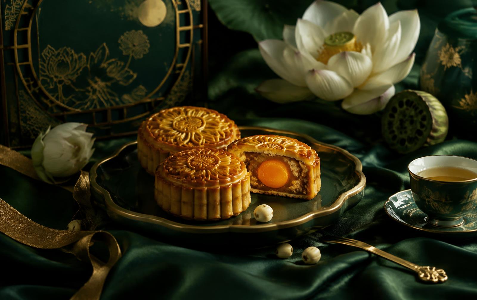 Vietnamese mooncakes with salted egg yolk on a gold tray